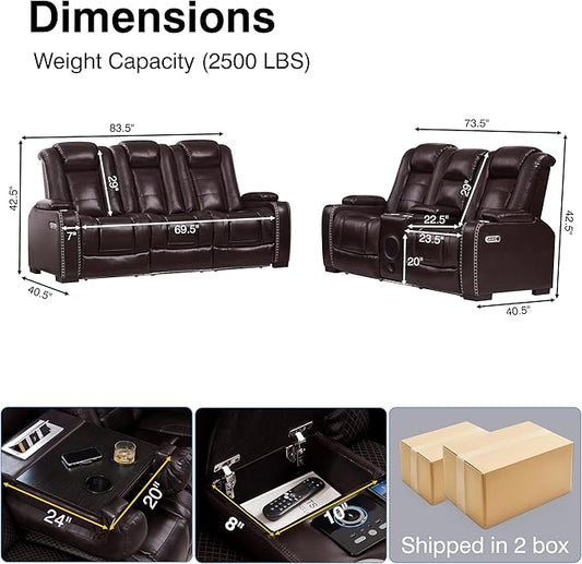 THSUPER Brown Leather Power Recliner Sofa Loveseat Sets with Arm Storage and Power Headrest, Leather Living Room Reclining Sofa and Loveseat Set with Cup Holders and Bluetooth Speaker.