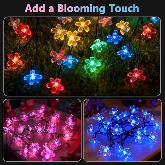 2 Pack Total 52FT 120 LED Solar String Lights Outdoor Waterproof Flower Fairy Lights for Garden Fence Patio Yard Christmas Tree Lawn Wedding Party Decor, Blue