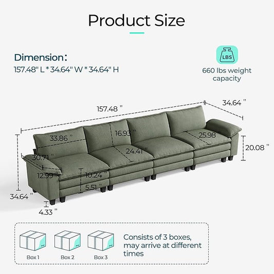 LINSY HOME Modular Sectional Sofa - 157 Inch Oversized Corduroy Cloud Couch with Movable Ottoman Soft Modern Comfy Sofa Set for Living Room Apartment Office, Green