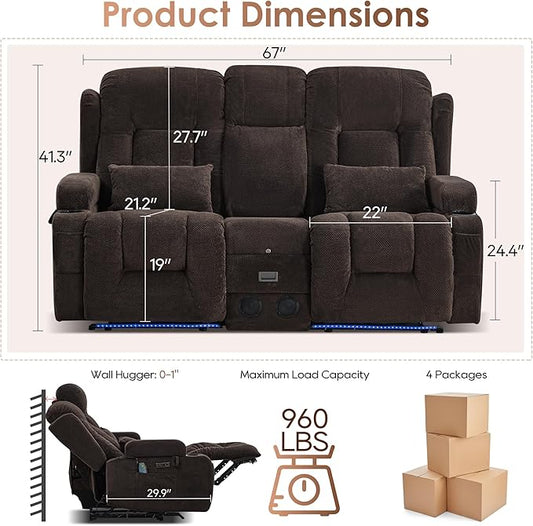 TUNYI Wall Hugger Loveseat Recliner Sofa with Console, Power Reclining Loveseat RV Couch with Massage & Heat/USB/Outlet/Storage/LED Light/Speaker (Brown)