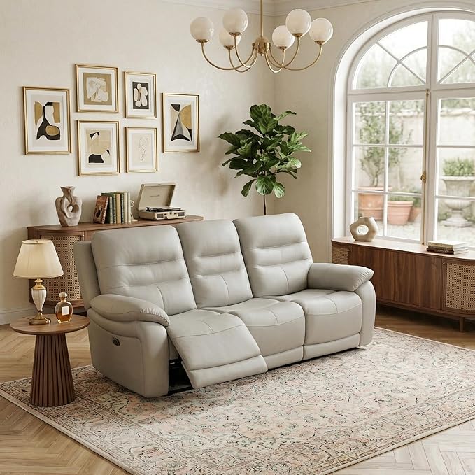 Power Reclining Sofa, 3-Seater Genuine Leather Recliner Couch, Light Grey Top Grain Leather Sofa with USB Port for Living Room, Apartment, Office