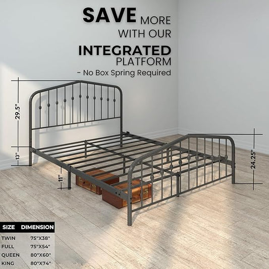 Washington Queen Metal Bed Frame with Headboard and Footboard Platform/Wrought Iron/Heavy Duty/Metal Slat/Grey Silver/No Box Spring Needed