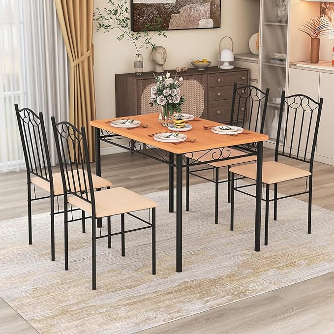NAFORT 5-Piece Vintage Rectangular Table Set for 4, 4 Padded Chairs w/Metal Frame Wood Tabletop for Home Kitchen Dining Room Furniture Set for 4, Natural