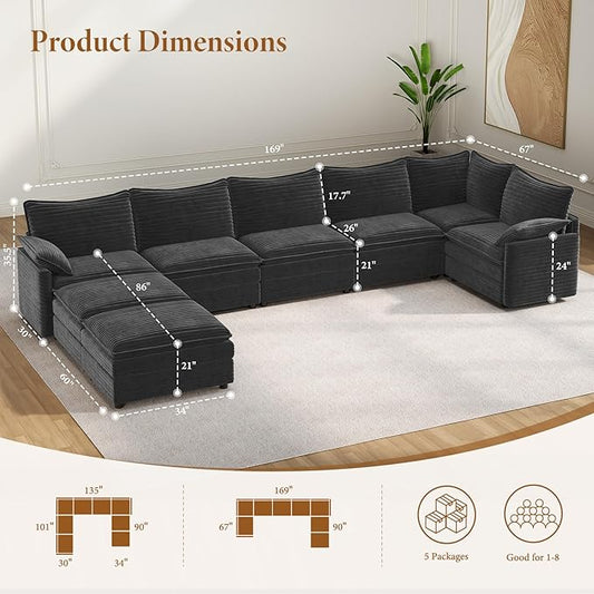 Vesgantti Large Modular Sectional Sofa, Big Comfy Cloud Couch with Ottoman Deep Seat Corduroy Cloud Sofa, 8 Seater Large Sectional Couches for Living Room, Bedroom and Apartment, Gray | Sink-in Comfort, Height Adjustable, Easy Rearrangement, Extra-deep...