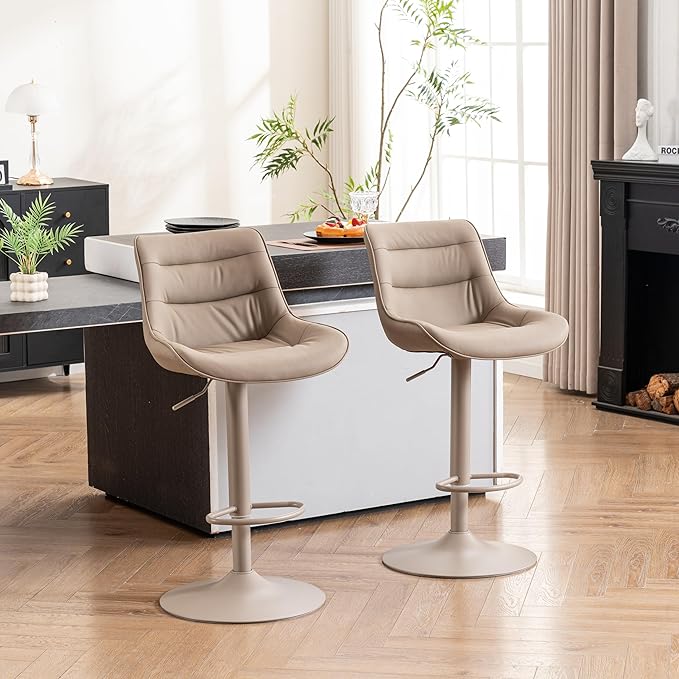 Kidol & Shellder Bar Stools Set of 2, Adjustable Swivel Counter Height Stools with Back, PU Faux Leather Upholstered, Modern Kitchen Island Home Bar Chair, Khaki