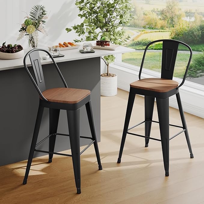 Andeworld Metal Bar Stools Set of 2, 30 inch Bar Height Barstools with Backs Farmhouse Modern High Back Bar Stools with Larger Seat Kitchen Dining Bar Chairs,Matte Black