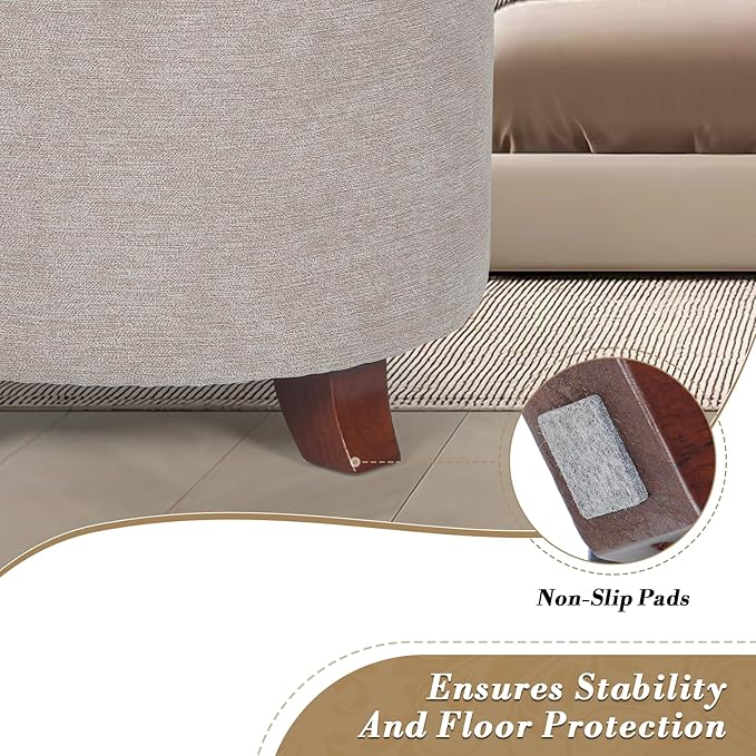 Athena Collection 15 Inch Small Ottoman with Storage, Round Linen Fabric Storage Ottoman Foot Rest with Removable Lid, Multipurpose Footstool Footrest for Living Room, Bedroom, Dorm, Khaki