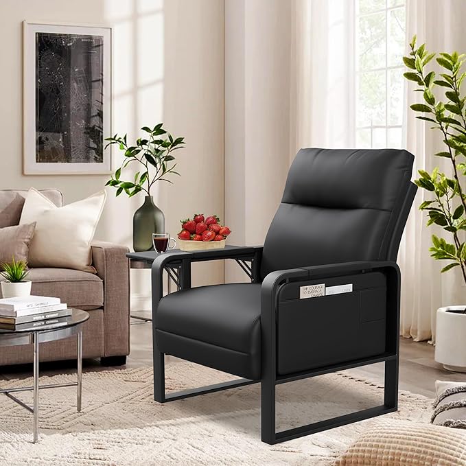 Modern Black Accent Chair PU Leather Upholstered Armchair with Foldable Side Table for Bedroom Living Room Chairs Office Chair
