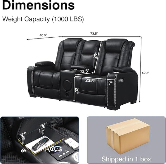 THSUPER Black Leather Power Recliner Loveseat with Arm Storage and Bluetooth Speaker, Theater Seating Leather Living Room Reclining Loveseat with Cup Holders and Wireless Charging. | Breathable material, LED ambient light, USB and Type-C port, In a box...