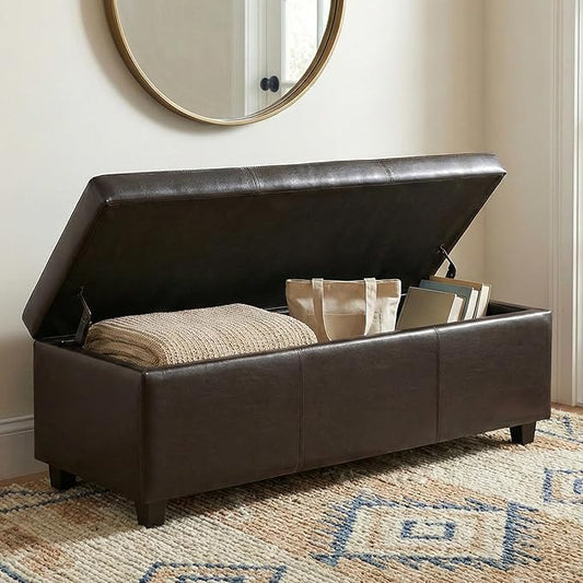 SIMPLIHOME Avalon Storage Ottoman Bench - 48 inch Wide Upholstered Vegan Leather Rectangular Lift-Top Ottoman in Tanners Brown, Contemporary Storage Bench for Living Room with High-Density Foam