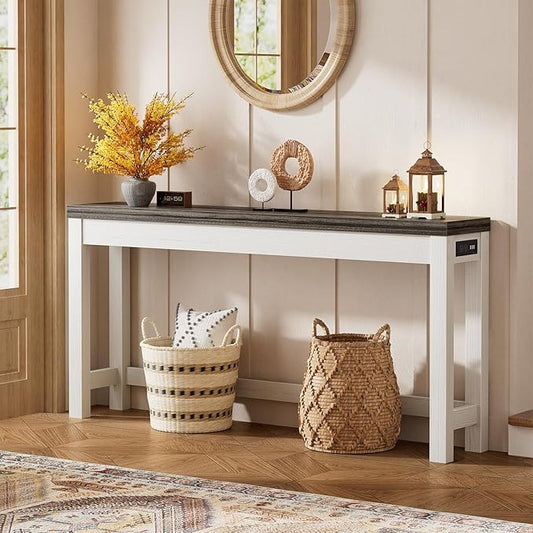 Cyclysio 63" Console Tables for Entryway, Long Console Tables for Living Room, Behind Couch Table, Sturdy Wood Support Farmhouse Entryway Table with 3AC+2USB Charging Station, Oak Grey