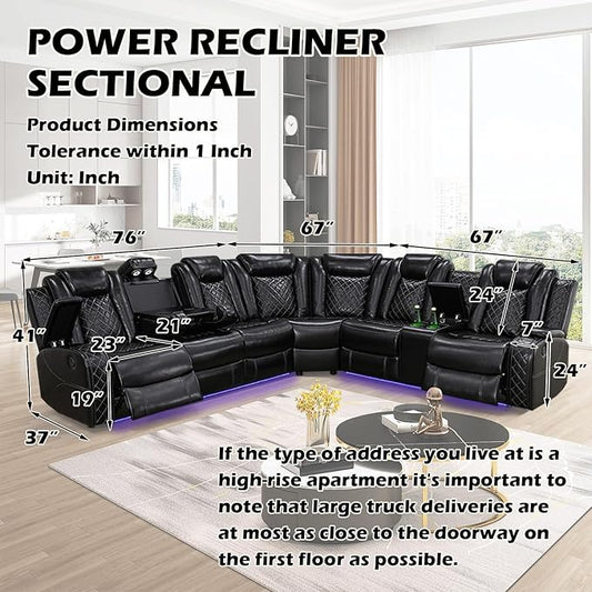 Power Reclinier Sectional Sofa,Black Leather Reclining Sectional Modular Sofa,L Shaped Leather Couch with LED Lights/USB Charger/Cup Holders/Storage Console/Storage Armrest/Coffee Table(L)