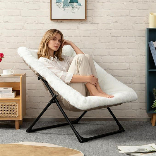 HollyHOME X-Large Saucer Chair, Comfy Oversized Folding Chair, Faux-Fur Reading Chair for Teens, Adults, Foldable Accent Lazy Chair, Metal Frame Lounge Chair for Living Room, Bedroom, Dorm, White