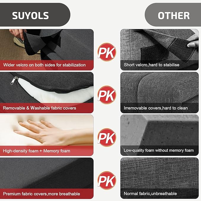 SUYOLS Folding Sofa Bed with Pillows- Convertible Chair Floor Couch & Sleeping Mattress, Foldable Memory Foam Sleeper for Living Room/Dorm/Guest Room/Home Office/Apartment/Loft, Queen, Dark Gray