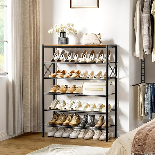 6-Tier Metal Shoe Rack Organizer Shoe Storage for Entryway 18-24 Pairs Narrow Shoe Rack for Closet Heavy-Duty Shoe Rack with Wooden Top Shelf for Garage Rustic Brown