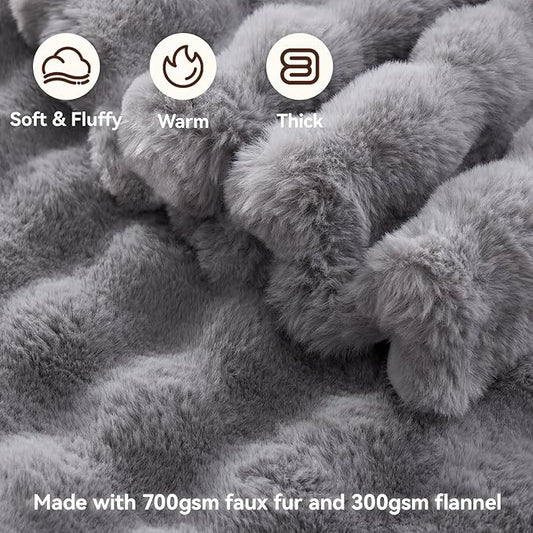 Faux Fur Throw Blanket, 1000GSM Fluffy Soft Bubble Blanket for Couch Bed, Cozy Plush Warm and Thick Blanket, Fuzzy Rabbit Throw for Living Room Bedroom 50''*60'' Light Grey