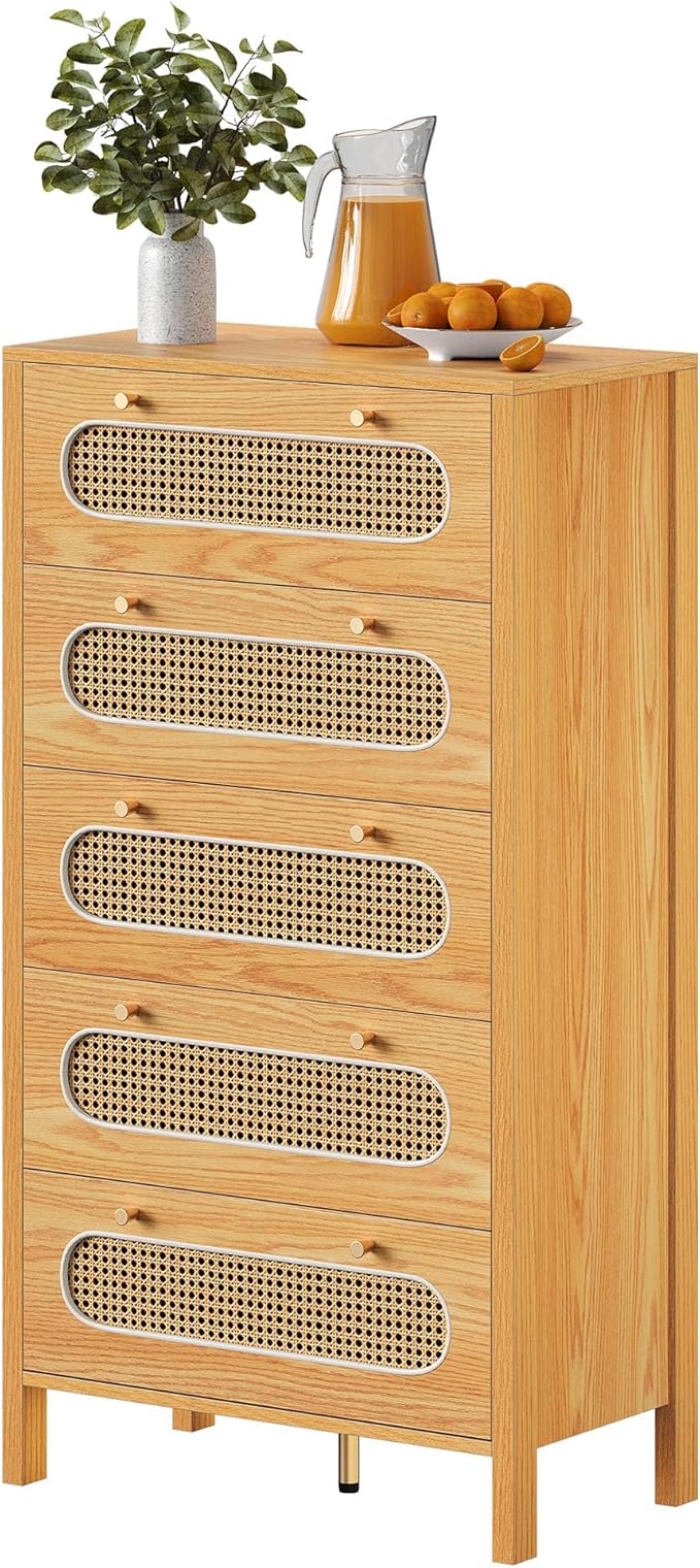 YITAHOME 47" Tall Buffet Sideboard Cabinet 5 Drawer Dresser, Boho Chest of Drawers with Golden Handles, Wood Storage Cabinet for Hallway, Entryway, Hold up to 300lbs - Oak