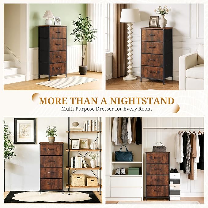 Nightstand with 4 Fabric Drawers, 37.4" H Tall Narrow Bedside Table with Wooden Top Steel Frame for Bedroom, Dorm, Closet, Living Room, Brown
