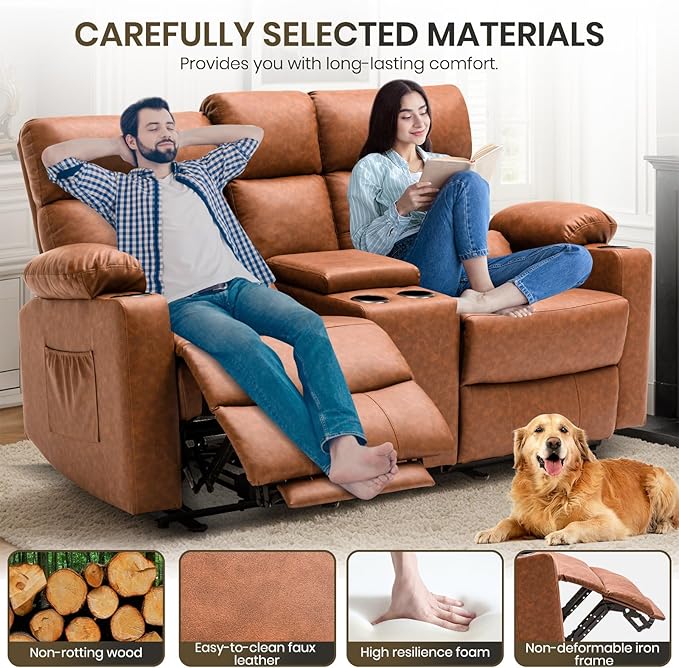 Power Reclining Loveseat with Console, Power Loveseat Recliner Sofa with Heat and Massage, Extending Footrest, RV Recliner Sofa with Lumbar Support, Side Pocket for Living Room