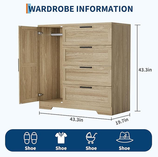 IDEALHOUSE 43.3'' H Armoire Wardrobe Closet with 4 Drawers and Hanging Rod, Multifunctional Wood 4 Drawers Dresser with Storage Closet, Clothing Storage Cabinets for Bedroom, Natural Oak