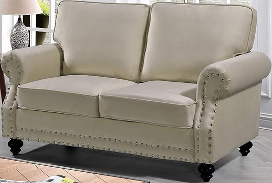 Container Furniture Direct Lotus Mid Century Modern Velvet Upholstered Living Room Rolled Arms, Loveseat, Beige