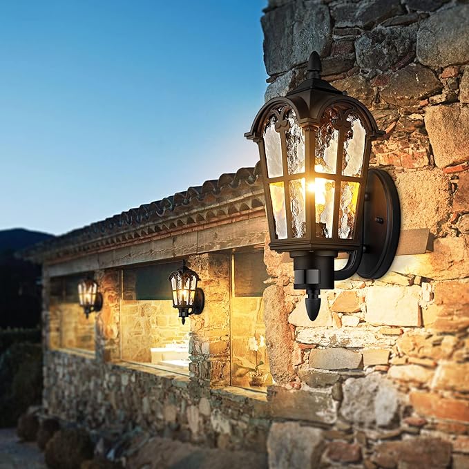 16in 2-Pack Large Motion Sensor Outdoor Wall Lights, Dusk to Dawn Porch Lights Wall Mount, Vintage Exterior Light Fixtures Sconces Lighting, Black Wall Lanterns Outside Lights for House Front Door