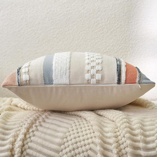 Aeckself Boho Throw Pillow Covers 18x18 Inch Set of 2, Farmhouse Decorative Striped Square Pillow Covers Chenille Tufted Pillow Cases Accent Neutral Pillowcase for Living Room Couch Bed, Orange Blue