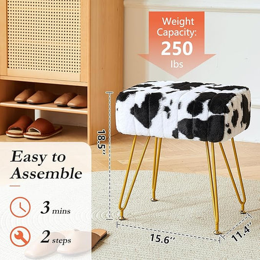 Rectangular Vanity Stool, Faux Fur Makeup Vanity Chair with Golden Metal Legs & Adjustable Feet, Soft Padded Seat Ottoman Foot Stool for Bedroom, Living Room