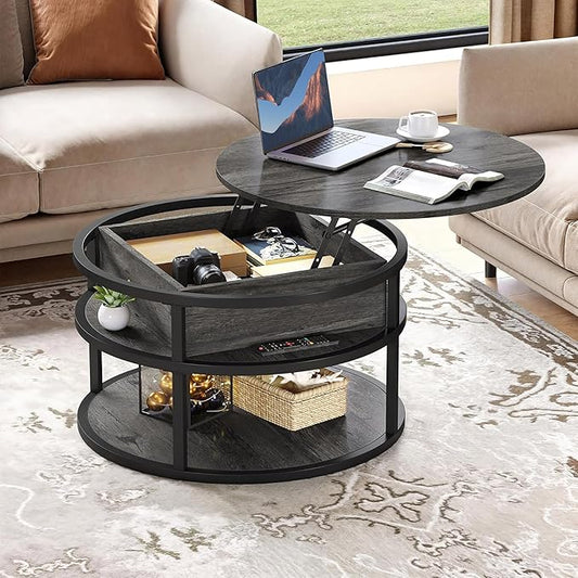 YITAHOME Round Lift Top Coffee Tables for Living Room, Farmhouse Coffee Table with Storage and Hidden Compartment, 2 Tier Modern Large Coffee Table Round Dining Table, Dark Grey