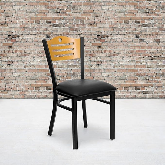 Flash Furniture 2 Pack HERCULES Series Black Slat Back Metal Restaurant Chair - Natural Wood Back, Black Vinyl Seat