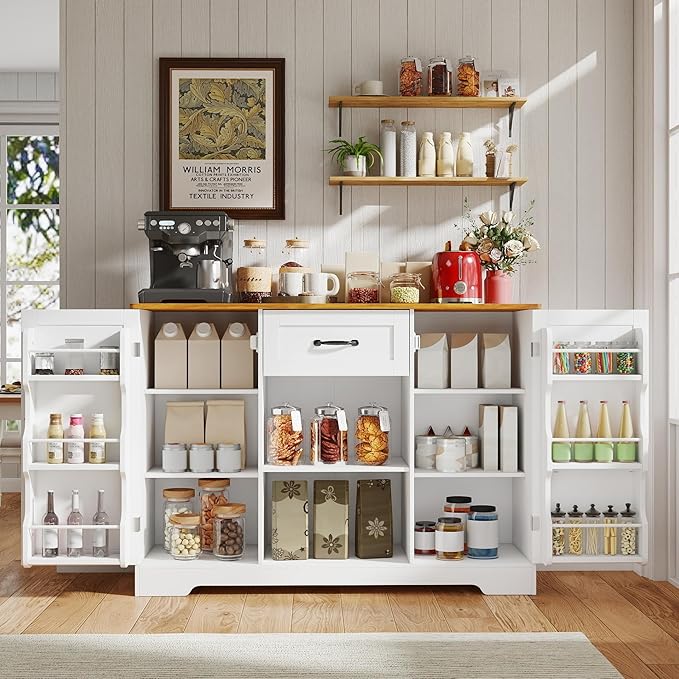 Gizoon Kitchen Sideboard Buffet Cabinet with Storage Coffee Bar Cabinet with Drawer, Kitchen Pantry Storage with Door and Shelves for Bathroom and Living Room, White and Rustic