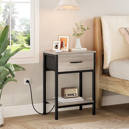 Vagusicc Nightstand with Charging Station, End Table with Fabric Drawer, Small Side Table with 2-Tier Storage Shelves, 25.4" Tall Night Stand, Bedside Table for Bedroom, Living Room, Dorm, Greige