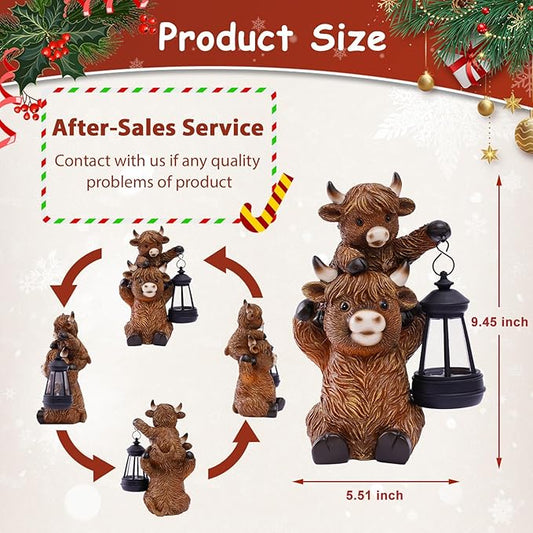 Solar Highland Cow Garden Decor - Resin Cow Statue with Solar Lantern Outdoor Yard Patio Decor - Ideal Gifts for Women,Mom Men (Copper)