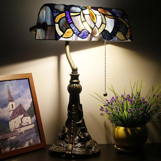 Tiffany Banker Lamp Small Stained Glass Table Lamp Tiffany Style Piano Light Blue Purple Cloudy Style Desk Lamp Angle Adjustable 10.6X15.7 Inch for Home Office Living Room Bedroom