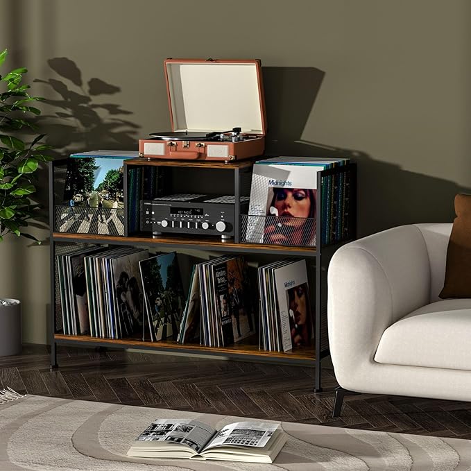 Large Vintage Record Player Table with 4 Adjustable Dividers, Vinyl Record Storage Cabinet for Up to 350 Albums, Medieval Turntable Stand for Living Room, Bedroom (Patent Pending)