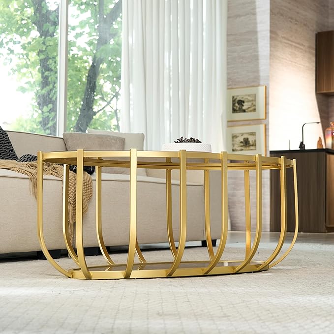 Saint Mossi Glass Oavl Coffee Table for Living Room, Modern 2-Tier Gold Center Table, Brown Glass Top and Brown Mirror Shelf with Gold Finish Legs & Frame