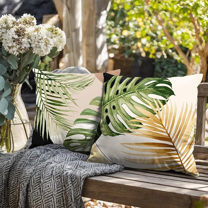 Tropical Palm Leaves Decorative Throw Pillow Covers 18x18 Inch Set of 2 Summer Green Banana Leaf Monstera Plant Pillow Cases Modern Farmhouse Outdoor Cushion Cases for Home Couch Sofa