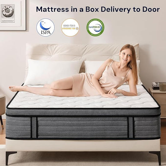 VKT 10 Inch Twin Hybrid Mattress - Medium Firm Feel Back Support, Mattress in a Box with Individual Pocket Springs, Cooling Memory Foam for Pressure Relief with CertiPUR-US Certified
