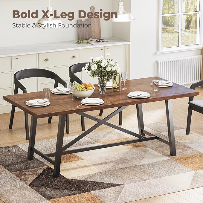Concho Industrial Dining Table for 6-8 People, Long Wooden Kitchen Dinner Table with Sturdy Metal Frame for Home Office,Dining Room,Living Room Furniture, Brown