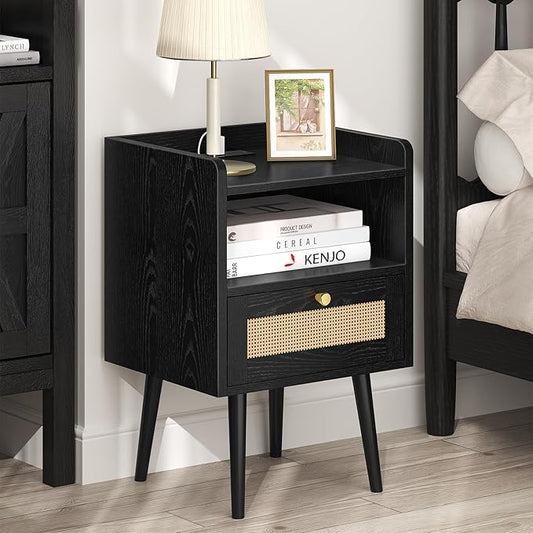 Night Stand Set 2, Nightstands Set of 2 with Charging Station, Rattan Side Tables with Solid Wood Legs, Boho Bedside End Table for Farmhouse Bedroom Dorm Small Space - Black