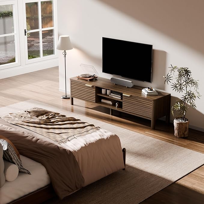TV Stand for Living Room - up to 65 Inch TVs Mid Century Modern Entertainment Center with Storage and Adjustable Shelves, Media Console Table Walnut 59"