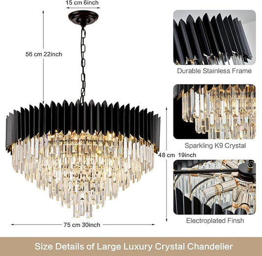 Luxury Crystal Chandelier Black Chandeliers — 30" 6-Tier 16-Light K9 Crystal, Large Lighting Fixture for Dining Room Living Room Foyer