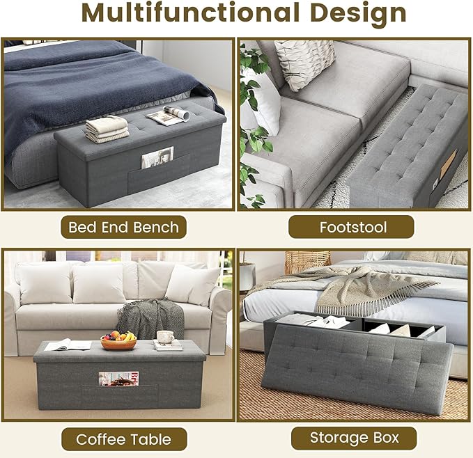 Giantex Storage Ottoman Bench, 43"L Folding Foot Rest Storage Chest with Side Pocket, Divider, Padded Seat Shoe Bench for Living Room Bedroom Hallway Entryway End of Bed (Dark Gray)