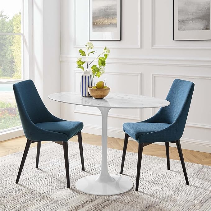 Modway Lippa 48" Oval-Shaped Mid-Century Modern Dining Table with Artificial Marble Top and White Base