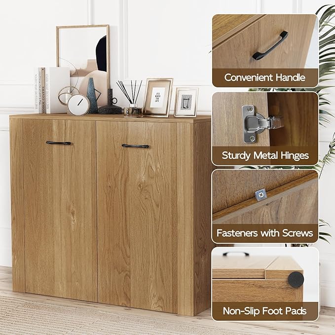Giantex Modern Storage Cabinet, 38" Credenza with 2 Doors and 4 Cubic Shelves, Anti-Tipping Device, Sturdy Metal Hings, Wooden Sideboard Cabinet for Living Room, Kitchen, Entryway, Natural