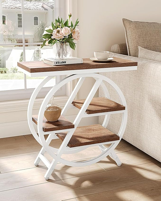 LITTLE TREE End Table, Set of 2 Narrow Side Table with 4-Tier Large Storage Space, Modern Bedside Table for Living Room, Home Office, Bedroom, Brown and White