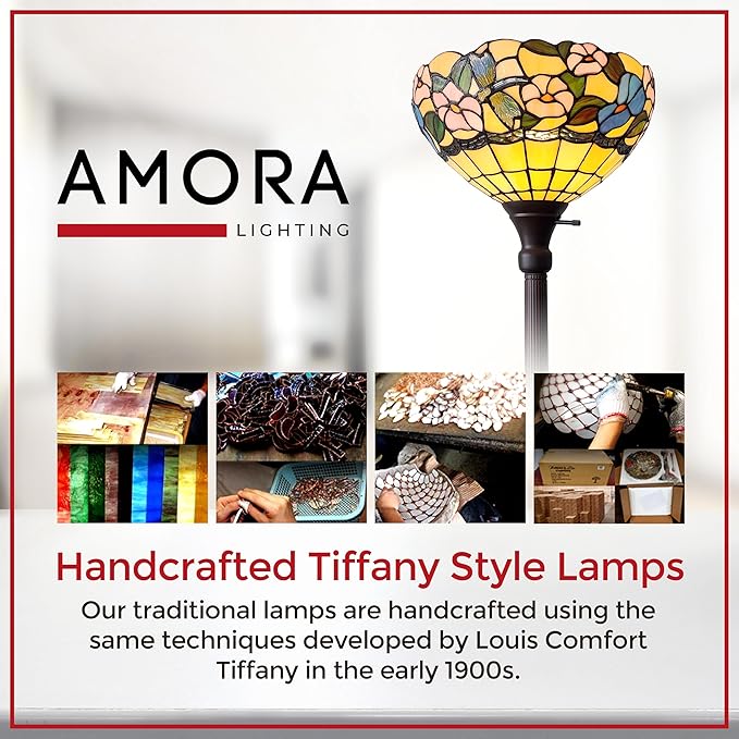 Amora Tiffany Floor Lamp - 70” Hummingbirds Floral Stained Glass Floor Lamp