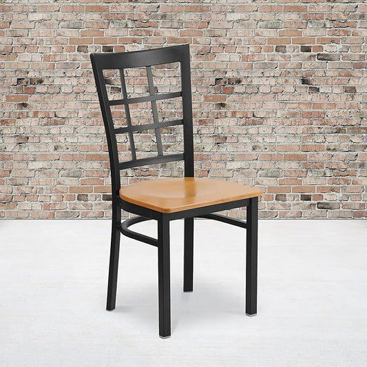 Flash Furniture 2 Pack HERCULES Series Black Window Back Metal Restaurant Chair - Natural Wood Seat