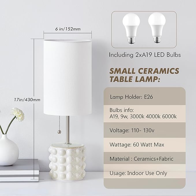 GyroVu Ceramic Small Table Lamp Set of 2, Adjustable Color Temperature Bedside Nightstand Lamps with Pull Chain for Bedroom Living Room Reading, White, 2 Bulbs