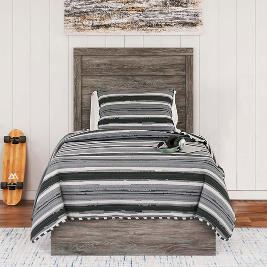 Signature Design by Ashley Ralinksi Rustic Twin Panel Bed, Foundation or Box Spring Needed, Light Gray